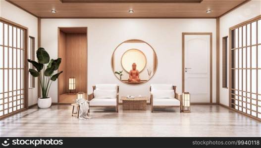 Nihon room design interior and cabinet shelf wall on tatami mat floor room japanese style. 3D rendering