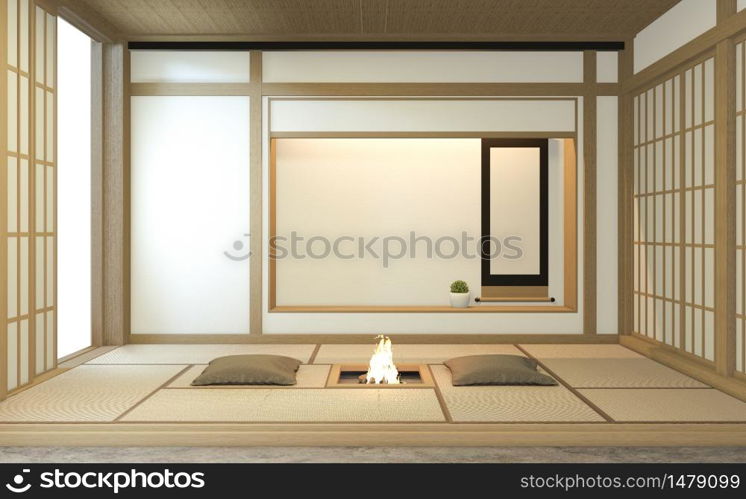 Nihon room design interior with door paper and cabinet shelf wall on tatami mat floor room japanese style. 3D rendering