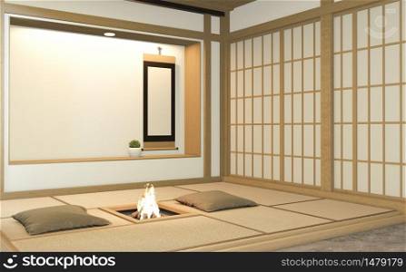 Nihon room design interior with door paper and cabinet shelf wall on tatami mat floor room japanese style. 3D rendering