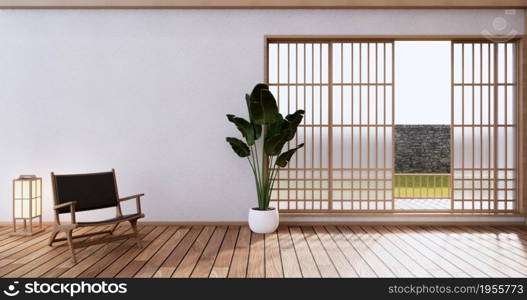 Nihon room design interior with door paper and cabinet shelf wall on tatami mat floor room japanese style. 3D rendering