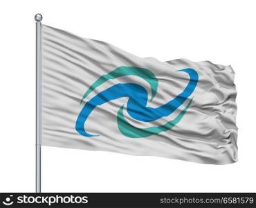 Nihonmatsu City Flag On Flagpole, Country Japan, Fukushima Prefecture, Isolated On White Background. Nihonmatsu City Flag On Flagpole, Japan, Fukushima Prefecture, Isolated On White Background