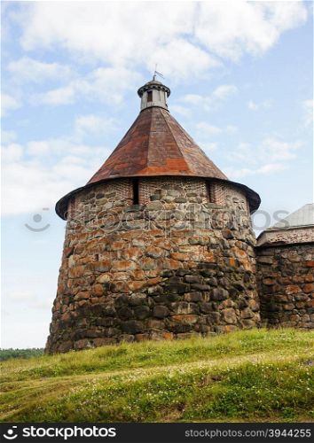 Nikolskaya tower of Solovetsky monastery on Solovki (Solovetsky archipelago), sunny summer day