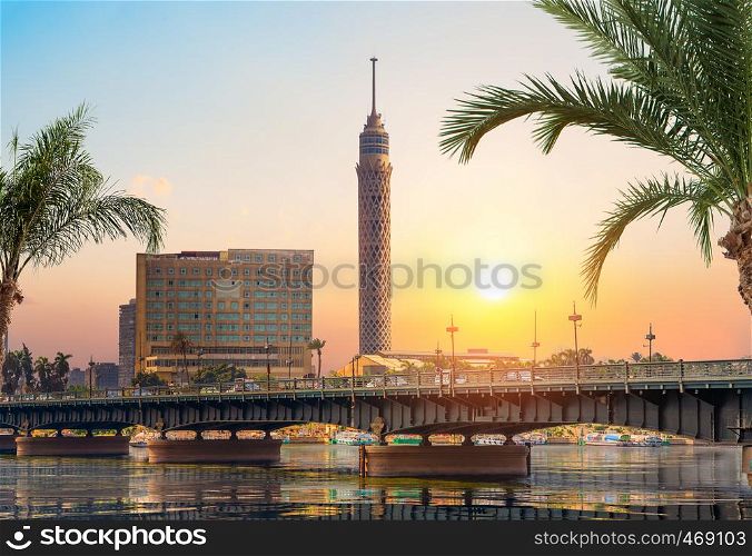 Nile and Cairo panorama in the evening. Egypt