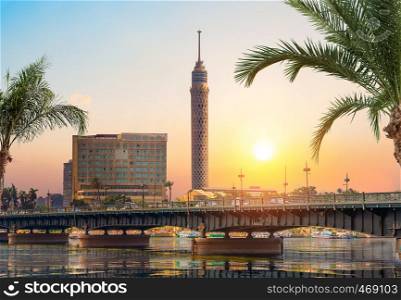 Nile and Cairo panorama in the evening. Egypt