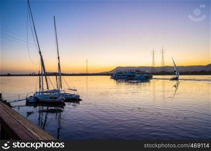 Nile River and boats at sunset in Luxor
