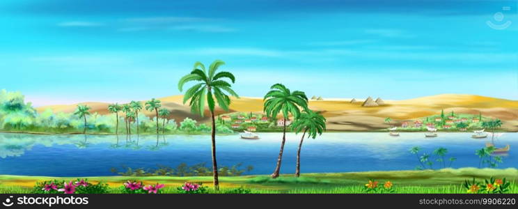 Nile river in Egypt with palm trees and ancient village on a sunny summer day. Digital painting, illustration.. A village on the banks of the Nile River in Egypt