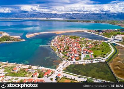 Nin. Historic town of Nin laguna aerial view with Velebit mountain background, Dalmatia region of Croatia