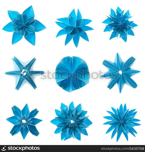 Nine blue origami units snowflake set isolated on white background