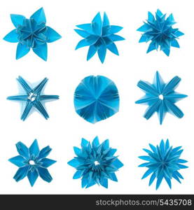 Nine blue origami units snowflake set isolated on white background
