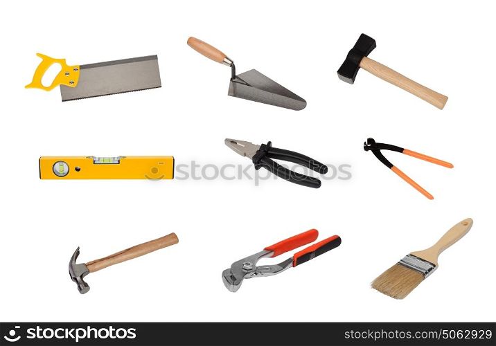Nine different tools isolated on a white background