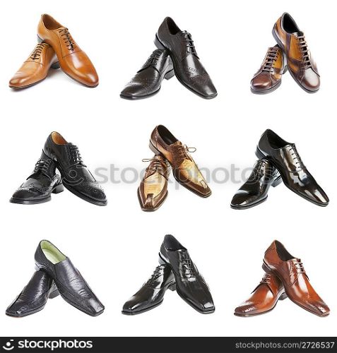 nine man&acute;s shoes on a white background