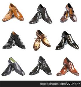 nine man&acute;s shoes on a white background