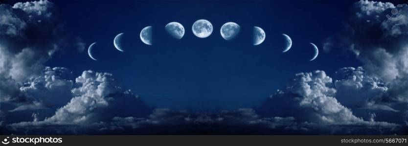 Nine phases of the full growth cycle of the moon isolated in the night sky with clouds