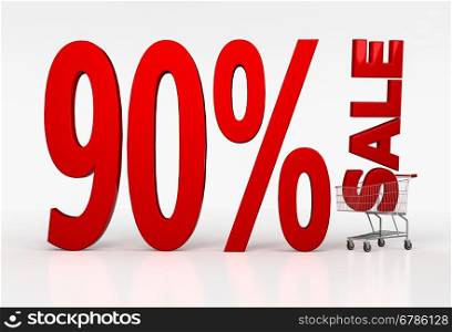 Ninety percent off discount sign in shopping cart on white background. 3D render
