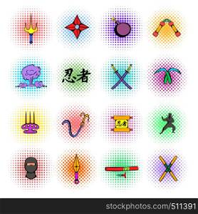 Ninja weapon icons set in comics style on a white background. Ninja weapon icons set, comics style