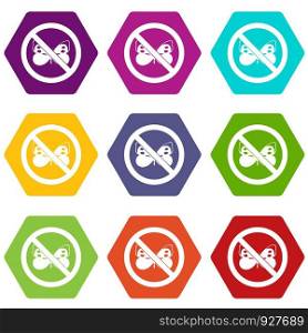 No butterfly sign icon set many color hexahedron isolated on white vector illustration. No butterfly sign icon set color hexahedron