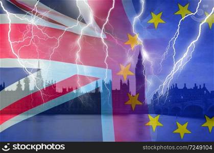 No Deal BREXIT concept image of lightning over London and UK and EU flags symbolising destruction of agreement