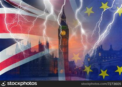 No Deal BREXIT concept image of lightning over London and UK and EU flags symbolising destruction of agreement