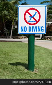 no diving sign on the grass (tropical resort setting with palm trees)