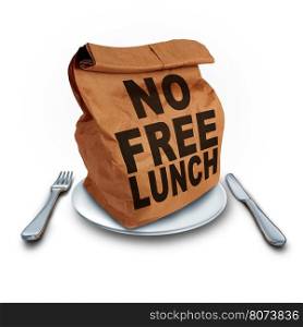 No Free Lunch business concept as a financial entitlement benefit symbol for not getting something for nothing as a bag with text with 3D illustration elements on a white background.