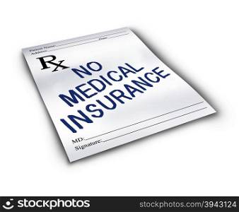 No medical insurance symbol and two tier health care system concept as a doctor prescription drug note with text representing the challenge of medicine affordability.