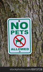 No pets allowed sign on tree in the park.