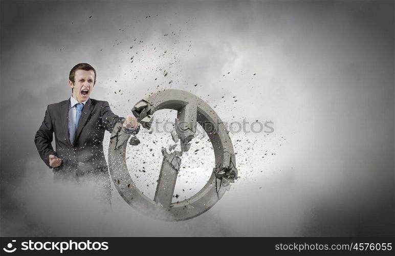 No prohibition. Angry determined businessman crashing stone prohibition symbol