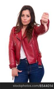 No! Sorry but I don&rsquo;t agree!. Studio shot of a young woman signaling thumbs down