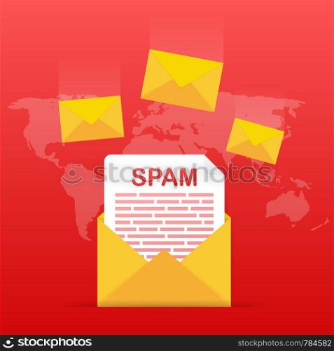 No spam. Spam Email Warning. Concept of virus, piracy, hacking and security. Envelope with spam. Vector illustration.. No spam. Spam Email Warning. Concept of virus, piracy, hacking and security. Envelope with spam. Vector stock illustration.