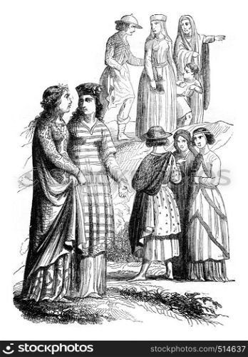 Noble, noble ladies and Bourgeois, vintage engraved illustration. Magasin Pittoresque 1844.