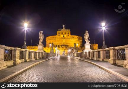 Nobody during night on the bridge in front of Sant&rsquo;Angelo Castle in Rome