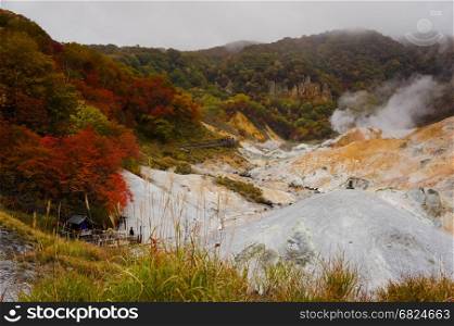 Noboribetsu Jigokudani, steam rises from active volcano in Shikotsu-Toya national park in Japan