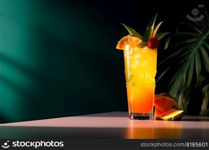 Non alcoholic cold summer cocktail drink or lemonade in glass. Bright fruity fancy mocktail on dark colors background with copy space. AI Generative content