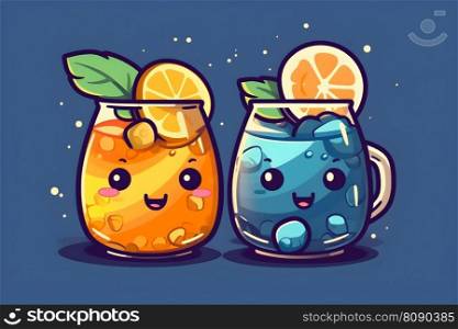 Non alcoholic cold summer cocktail drinks and lemonades in different glasses. Bright fruity fancy mocktails Japanese Chibi style illustration in bright colors. AI Generative content