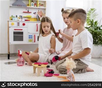 non binary children playing together beauty salon game