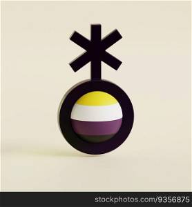 Non-binary pride flag in a form of nonbinary symbol. Yellow, White, Purple and Black flag. Asterisk star gender symbol.