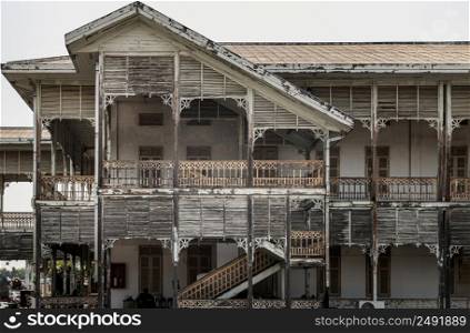 Nonthaburi, Thailand - APR 13, 2022 : Architecture of ancient Thai style house from teak wood. Old wooden building of the historical nonthaburi city Hall, No focus, specifically.