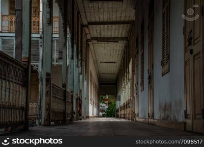 Nonthaburi, Thailand - JUL 21,2019 : Interior of old city hall, European style building. The vintage white wooden house was left to deteriorate over time, Once be Former city hall, Established on 1548, is tranformed to be the museum of Nonthaburi in 2009.