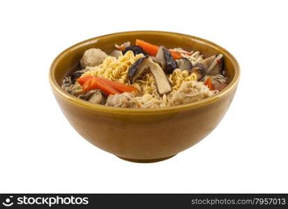 Noodles in bowl with vegetables and meat balls, Isolated on white background