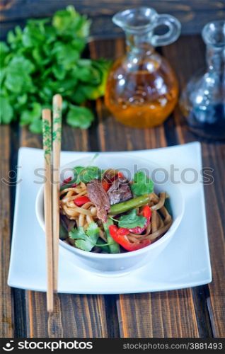 noodles with sauce and fried meat in bowl