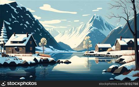 nordic landscape white mountains. mountain snow, winter nature, sky norway, scandinavia cold, background arctic nordic landscape white mountains ai generated illustration. nordic landscape white mountains ai generated