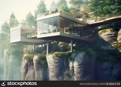 Nordic stone cliff home made of glass and concrete brutal architecture created by generative AI