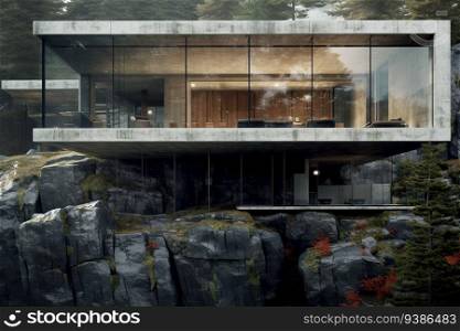 Nordic stone cliff home made of glass and concrete brutal architecture created by generative AI