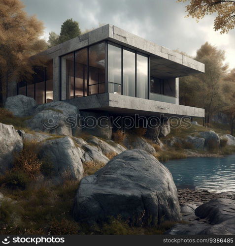 Nordic stone cliff home made of glass and concrete brutal architecture created by generative AI