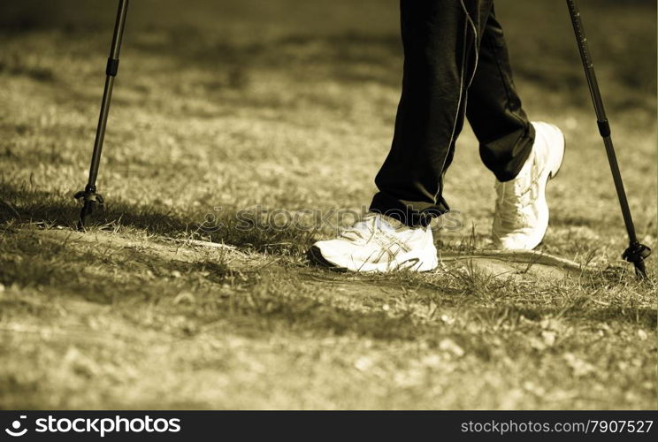 Nordic walking. Closeup of female legs hiking in the park. Active and healthy lifestyle.