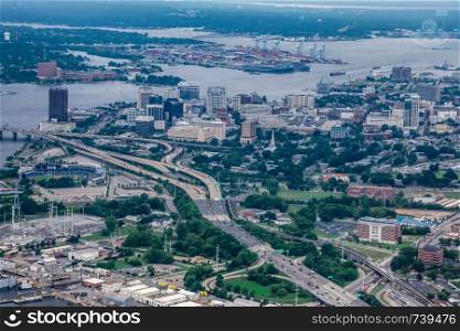norfolk virginia aerial of city skyline and surroundings