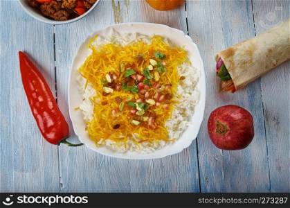 Norinj Palau, Basmati rice, dried orange peel strips, Afghani cuisine, central Asia Traditional assorted dishes, Top view.