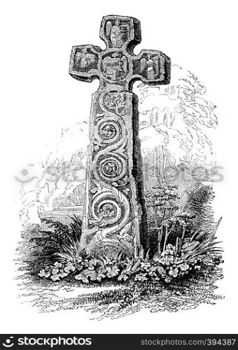 Norman cross placed in the courtyard of the Church of Eyam, vintage engraved illustration. Colorful History of England, 1837.