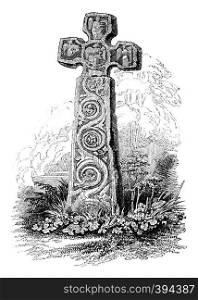 Norman cross placed in the courtyard of the Church of Eyam, vintage engraved illustration. Colorful History of England, 1837.