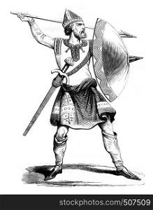 Norman soldier, after a manuscript of Strutt, vintage engraved illustration. Magasin Pittoresque 1842.